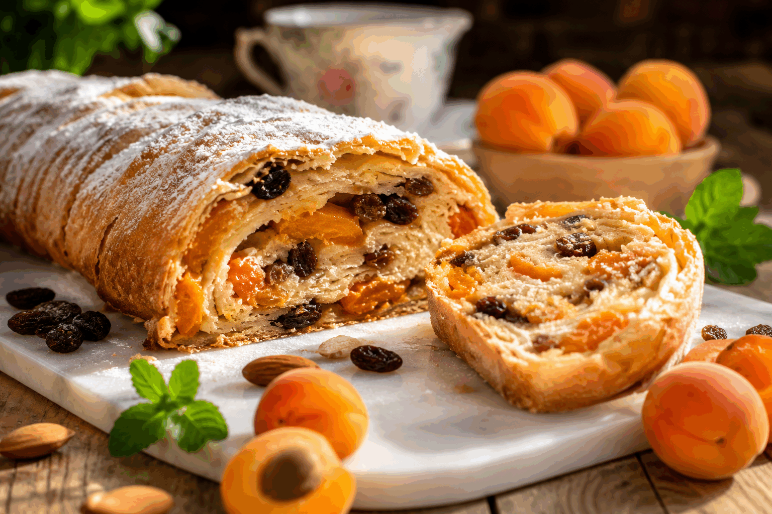 Strudel aux abricots, 5 minutes de préparation pour un goût qui fond en bouche 😍 Description Le strudel aux abricots est une pâtisserie légère et fruitée, caractérisée par une pâte fine croustillante enveloppant une garniture fondante à base de fruits frais. Ce dessert, originaire d’Europe centrale, se déguste aussi bien en fin de repas qu’au goûter, pour un moment gourmand et rafraîchissant. Informations Temps de préparation : 5 minutes Temps de cuisson : 25 minutes Nombre de portions : 4 personnes Difficulté : Facile Ingrédients Pour la pâte 6 feuilles de pâte filo (disponibles en grandes surfaces) 30 g de beurre fondu Pour la garniture 500 g d'abricots frais dénoyautés et coupés en quartiers 50 g de sucre en poudre 30 g d'amandes effilées 1 cuillère à café de cannelle en poudre 1 cuillère à soupe de chapelure fine Préparation Préchauffe le four à 180°C (chaleur tournante de préférence). Fais fondre le beurre doucement et réserve-le. Déploie une feuille de pâte filo sur un plan de travail propre et badigeonne-la généreusement de beurre fondu à l'aide d'un pinceau. Superpose ensuite les feuilles une à une en les beurrant entre chaque couche. Parseme la chapelure fine sur la surface de la pâte pour absorber l’excès d’humidité du fruit et éviter que la pâte ne devienne molle. Dispose les quartiers d’abricots régulièrement sur un côté de la pâte, saupoudre de sucre, de cannelle et d’amandes effilées. Roulez délicatement la pâte sur elle-même en serrant bien pour former un rouleau. Place le strudel sur une plaque de cuisson recouverte de papier sulfurisé, badigeonne-le encore d’un peu de beurre fondu. Enfourne pendant 25 minutes, jusqu’à ce que la pâte soit dorée et croustillante. Laisse tiédir quelques minutes avant de découper et de servir. Astuces Choisis des abricots bien mûrs mais fermes pour une garniture juteuse sans trop d’eau. La chapelure est essentielle pour garder la pâte croustillante, ne la saute pas. Pour une version express, utilise des abricots en conserve bien égouttés, mais frais c’est encore meilleur. Le beurre fondu peut être remplacé par de l’huile neutre si tu préfères une version un peu plus légère. Service Serre le strudel aux abricots tiède, accompagné d’une boule de glace vanille ou d’une cuillère de crème fraîche épaisse. Il s'apprécie parfait pour un goûter gourmand ou un dessert léger après un repas estival.