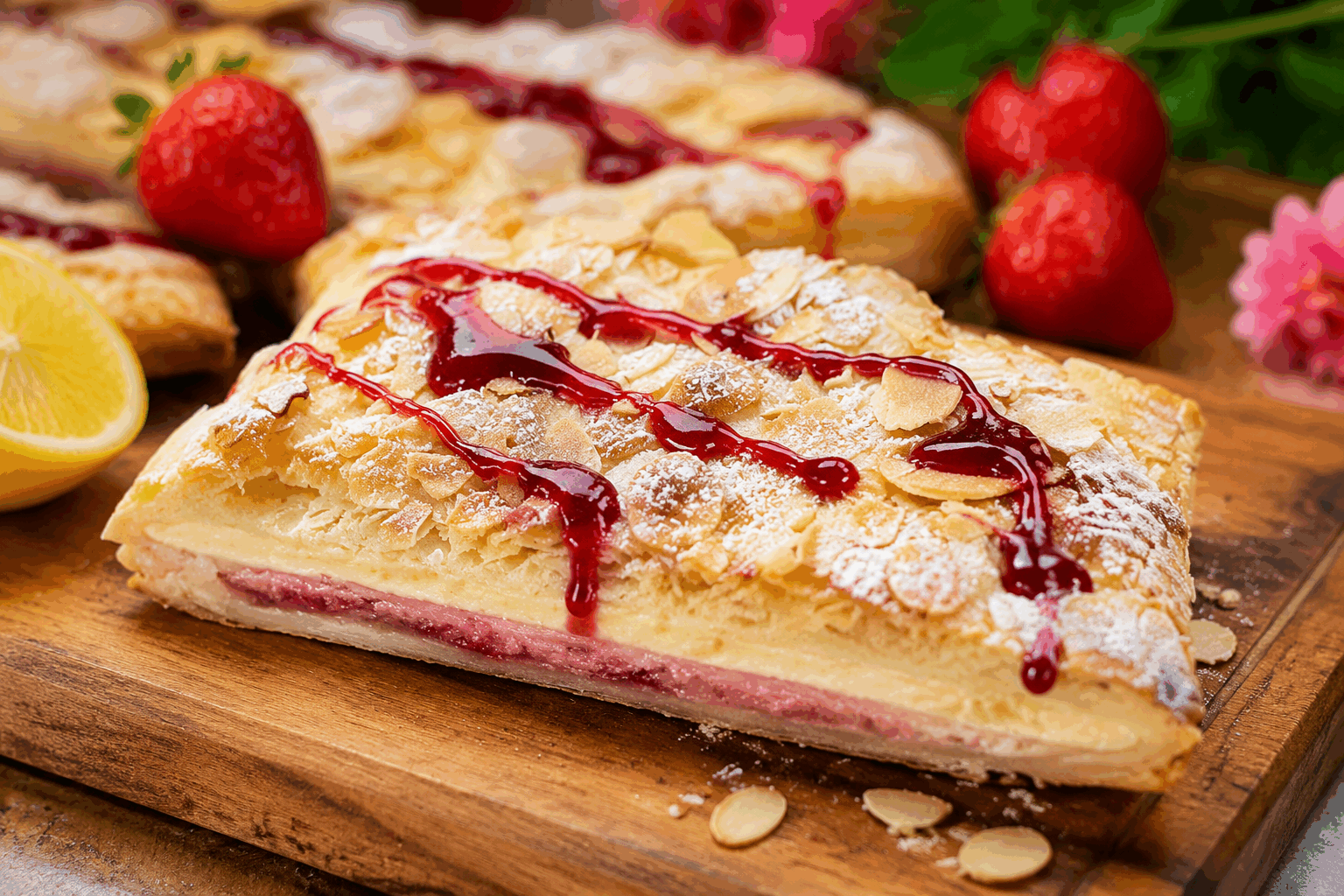 Tranches feuilletées à la crème de fraises en 5 minutes, un délice à tomber ! 🍓✨ Description Ces tranches feuilletées légères et croustillantes sont généreusement garnies d'une crème onctueuse à base de fraises fraîches. Rapides à préparer, elles offrent un délicieux équilibre entre la douceur fruitée et la texture fondante du feuilleté. Parfaites pour une pause gourmande ou un dessert improvisé en toute simplicité. Informations Temps de préparation : 5 minutes Temps de cuisson : 10 minutes Nombre de portions : 4 pièces Difficulté : Facile Ingrédients Pour les tranches feuilletées 250 g de pâte feuilletée prête à l’emploi 1 jaune d'œuf (pour la dorure) Pour la crème de fraises 150 g de fraises fraîches 100 g de fromage frais type mascarpone ou ricotta 20 g de sucre glace 1 cuillère à café de jus de citron 1 cuillère à café d’extrait de vanille (facultatif) Préparation Préchauffe le four à 200°C (chaleur tournante si possible). Déroule la pâte feuilletée et découpe-la en 4 rectangles égaux. Dépose les rectangles sur une plaque recouverte de papier cuisson. Badigeonne rapidement chaque rectangle avec le jaune d'œuf pour une belle dorure. Enfourne pendant 8 à 10 minutes jusqu’à ce que la pâte soit bien dorée et gonflée. Pendant ce temps, lave et équeute les fraises, puis mixe-les avec le fromage frais, le sucre glace, le jus de citron et l’extrait de vanille jusqu’à obtenir une crème lisse. À la sortie du four, laisse refroidir les tranches feuilletées quelques minutes. Étale généreusement la crème de fraises sur chaque tranche avant de servir. Astuces Utilise des fraises bien mûres pour une crème naturellement sucrée et parfumée. Tu peux ajouter quelques feuilles de menthe ciselée dans la crème pour une touche fraîche et originale. Pour un effet encore plus gourmand, saupoudre de sucre glace avant de servir. Si tu manques de temps, prépare la crème à l’avance et conserve-la au frais jusqu’au moment du montage. Service Servez ces tranches feuilletées à la crème de fraises sur un joli plat, accompagnées d’un coulis de fruits rouges ou d’une boule de glace vanille. Idéales pour un goûter rapide ou un dessert léger après un repas d’été.