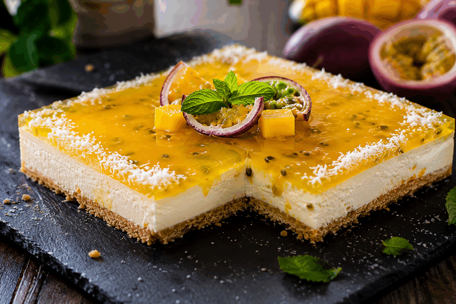 Un cheesecake mangue passion sans cuisson en 5 minutes, parfait pour l’été 😍 Description Ce cheesecake sans cuisson est un dessert frais et fruité idéal pour les chaudes journées d’été. La douceur de la mangue et l’acidité délicate du fruit de la passion s’harmonisent parfaitement avec la texture légère et crémeuse du cheesecake. Facile et rapide à préparer, il est parfait pour une fin de repas gourmande ou un goûter rafraîchissant. Informations Temps de préparation : 5 minutes Temps de cuisson : 0 minute Nombre de portions : 4 personnes Difficulté : Facile Ingrédients Pour la base 100 g de biscuits sablés (type petit beurre) 50 g de beurre fondu Pour la garniture 200 g de fromage à la crème (type Philadelphia) 100 g de fromage blanc 80 g de sucre glace 150 g de purée de mangue (fraîche ou surgelée, décongelée) 50 ml de jus de fruit de la passion 1 feuille de gélatine (ou 1 g d’agar-agar) Le jus d’1/2 citron Pour la décoration Quelques morceaux de mangue fraîche Quelques graines de fruit de la passion Feuilles de menthe (facultatif) Préparation Émiette finement les biscuits sablés puis mélange-les avec le beurre fondu. Répartis ce mélange au fond de 4 verrines ou petits cercles individuels en tassant légèrement pour former la base. Ramollis la feuille de gélatine dans de l’eau froide pendant 5 minutes. Si tu utilises de l’agar-agar, prépare-le selon les instructions sur l’emballage. Délaye la gélatine essorée dans 2 cuillères à soupe de jus de fruit de la passion tiédi. Mélange bien. Dans un saladier, fouette le fromage à la crème avec le fromage blanc, le sucre glace et le jus de citron jusqu’à obtenir une texture lisse et homogène. Incorpore la purée de mangue puis ajoute le jus de fruit de la passion avec la gélatine. Mélange soigneusement pour bien répartir la gélatine. Verse la préparation sur la base biscuitée dans les verrines, lisse la surface avec une spatule. Laisse reposer au frais au moins 2 heures pour que la garniture prenne bien, ou si tu es pressé, place 30 minutes au congélateur. Au moment de servir, décore avec des morceaux de mangue, quelques graines de fruit de la passion et une feuille de menthe. Astuces Pour une version plus légère, remplace le fromage à la crème par du fromage blanc entier ou du yaourt grec. Si tu n’as pas de purée de mangue, mixe simplement une mangue bien mûre pour l’obtenir. Pour un dessert plus gourmand, ajoute un filet de caramel au beurre salé juste avant de servir. Veille à bien essorer la gélatine pour éviter un goût désagréable et une texture caoutchouteuse. Service Sers ce cheesecake dans des verrines individuelles pour un effet frais et léger. Il accompagne parfaitement un thé glacé ou un cocktail fruité lors d’un déjeuner ou d’un dîner en terrasse. C’est le dessert parfait pour impressionner sans passer des heures en cuisine !