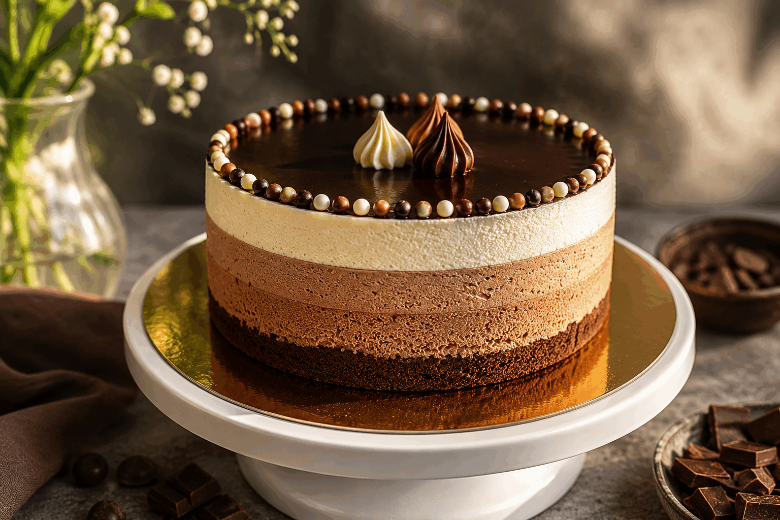 Un entremets trois chocolats fondant en 5 minutes, le dessert qui séduit à coup sûr 🍫✨ Description Cet entremets trois chocolats est un véritable délice pour les amateurs de cacao, alliant la douceur du chocolat blanc, la richesse du chocolat au lait et l’intensité du chocolat noir. Sa texture fondante et sa rapidité de préparation en font un dessert parfait pour terminer un repas en beauté, sans stress. Parfait pour les occasions improvisées ou pour impressionner vos invités avec un dessert gourmand et élégant. Informations Temps de préparation : 5 minutes Temps de cuisson : 0 minute Nombre de portions : 4 personnes Difficulté : Facile Ingrédients Pour l’entremets trois chocolats 100 g de chocolat noir 100 g de chocolat au lait 100 g de chocolat blanc 30 cl de crème liquide entière très froide 20 g de sucre glace 1 feuille de gélatine (2 g) 1 cuillère à café d’extrait de vanille (facultatif) Préparation Fais tremper la feuille de gélatine dans un bol d’eau froide pendant 5 minutes pour la ramollir. Dans trois bols séparés, casse chacun des chocolats et fais-les fondre doucement au bain-marie ou au micro-ondes en remuant régulièrement pour éviter de brûler le chocolat. Fais chauffer 2 cuillères à soupe de crème liquide, puis hors du feu incorpore la feuille de gélatine essorée. Mélange bien et divise ce mélange en trois parts égales que tu ajoutes à chaque chocolat fondu pour les rendre plus fluides. Monte le reste de la crème liquide en chantilly ferme avec le sucre glace et la vanille. Sois vigilant de ne pas la surmonter. Incorpore délicatement un tiers de la chantilly dans chaque chocolat fondu, en mélangeant doucement pour conserver le côté mousseux. Dans des verrines ou un moule individuel, verse successivement la mousse au chocolat noir, puis celle au chocolat au lait, et enfin la mousse au chocolat blanc. Lisse la surface et laisse prendre au réfrigérateur au moins 1 heure avant de déguster pour que l’entremets soit bien frais et fondant. Astuces Utilise une crème bien froide pour réussir une chantilly ferme et légère. Pour un démoulage facile, filme le moule avant de verser les mousses. Si tu n’as pas de gélatine, tu peux utiliser de l’agar-agar en suivant les indications du paquet. Pour un effet esthétique, ajoute quelques éclats de noisettes ou une pincée de cacao amer en décoration avant de servir. Service Servez cet entremets trois chocolats bien frais, idéalement après un repas léger. Décorez avec quelques copeaux de chocolat ou des fruits rouges pour une touche de couleur et de fraîcheur. Il fait sensation lors des dîners entre amis ou pour célébrer une occasion spéciale sans passer des heures en cuisine.