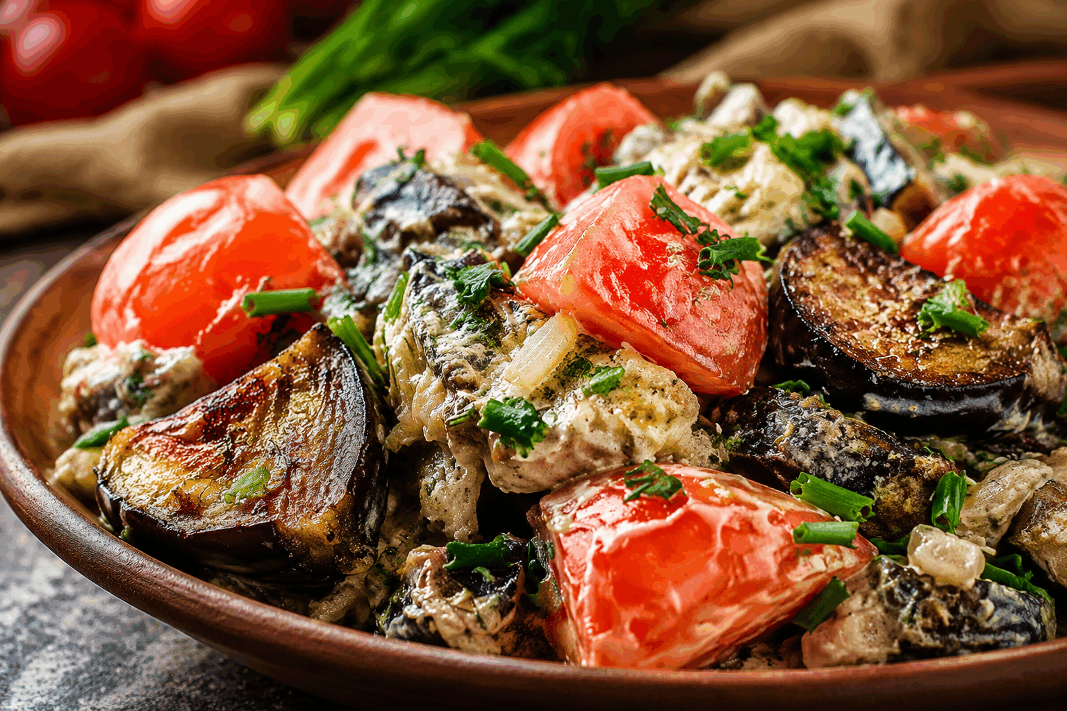 Un plat d’aubergines et tomates en moins de 5 ingrédients, meilleur que la viande ! 🔥 Description Ce plat simple et savoureux met en valeur les aubergines et les tomates dans une préparation rapide et gourmande. Parfumé à l'huile d'olive et relevé d'épices, il offre une alternative végétarienne riche en goût, parfaite pour ceux qui cherchent un repas sain, léger et délicieux. Idéal pour un dîner en semaine ou comme accompagnement d’une salade. Informations Temps de préparation : 10 minutes Temps de cuisson : 25 minutes Nombre de portions : 4 personnes Difficulté : Facile Ingrédients Ingrédients principaux 2 aubergines moyennes (environ 600 g) 4 tomates mûres (environ 500 g) 3 cuillères à soupe d’huile d’olive 2 gousses d’ail 1 cuillère à café de paprika fumé (ou épices de votre choix) Sel et poivre du moulin Préparation Préchauffe ton four à 200°C (chaleur tournante si possible). Lave les aubergines et les tomates. Coupe les aubergines en rondelles d’environ 1 cm d’épaisseur, et les tomates en tranches fines. Pele les gousses d’ail et hache-les finement. Dans un plat à gratin, dispose une couche de rondelles d’aubergine, puis une couche de tomates. Arrose d’huile d’olive puis ajoute l’ail haché, le paprika fumé, du sel et du poivre. Répète l’opération sur toute la hauteur en terminant par une couche de tomates. Enfourne le plat pour 25 minutes, jusqu’à ce que les aubergines soient bien tendres et les tomates légèrement confites. Sers chaud, en accompagnement ou comme plat principal végétarien. Astuces Pour un goût plus corsé, fais revenir légèrement les aubergines à la poêle avant de les disposer dans le plat. Tu peux remplacer le paprika fumé par du thym ou du romarin pour une saveur plus provençale. Si les aubergines rendent trop d’eau, saupoudre-les de sel et laisse-les dégorger 30 minutes avant cuisson. Ce plat se conserve bien au réfrigérateur et se réchauffe à la poêle ou au four sans perdre de sa saveur. Service Sers ce plat accompagné d’un riz basmati, d’une salade verte croquante ou de purée de pommes de terre. Il peut également être servi en entrée, dans des portions individuelles, lors d’un repas convivial et léger.