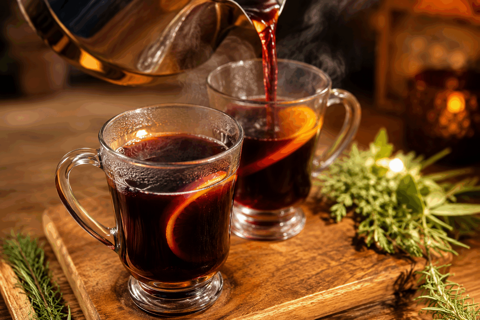 Vin chaud rouge maison en 5 minutes pour réchauffer vos soirées d’hiver 🔥🍊 Description Le vin chaud rouge maison est une boisson traditionnelle qui réchauffe agréablement les soirées d’hiver grâce à son parfum épicé et fruité. Facile et rapide à préparer, il mêle vin rouge, agrumes et épices pour offrir un goût doux, sucré et légèrement piquant. Idéal pour se détendre lors des froides journées, à partager entre amis ou en famille. Informations Temps de préparation : 5 minutes Temps de cuisson : 5 minutes Nombre de portions : 4 personnes Difficulté : Facile Ingrédients Pour le vin chaud 750 ml de vin rouge sec (type Merlot, Cabernet ou Grenache) 1 orange non traitée 1 citron non traité 3 cuillères à soupe de miel ou de sucre roux 1 bâton de cannelle 3 clous de girofle 2 étoiles de badiane (anis étoilé) 1 petit morceau de gingembre frais (environ 2 cm), pelé et tranché Préparation Lavez soigneusement l’orange et le citron. Coupez-les en fines tranches ou demi-rondelles. Versez le vin rouge dans une casserole à fond épais. Ajoutez les tranches d’orange et de citron, le miel (ou sucre), la cannelle, les clous de girofle, la badiane et le gingembre. Faites chauffer à feu doux sans faire bouillir, en remuant de temps en temps pour bien dissoudre le miel. Laissez infuser pendant 5 minutes, en maintenant le vin chaud mais sans ébullition pour préserver les arômes et l’alcool. Filtrez le vin chaud pour retirer les épices et les agrumes avant de servir dans des verres ou des tasses résistants à la chaleur. Astuces Utilisez un vin rouge de bonne qualité mais abordable, car les saveurs seront concentrées. Ne laissez jamais bouillir le vin pour éviter l'évaporation de l’alcool et un goût amer. Vous pouvez adapter la dose de miel ou sucre selon votre goût, ou remplacer par du sirop d’érable pour une touche différente. Ajoutez une touche personnelle avec une pincée de noix de muscade râpée ou un clou de girofle supplémentaire si vous aimez les arômes plus intenses. Service Servez le vin chaud bien chaud, idéalement dans des verres transparents pour apprécier la belle couleur rouge profonde et les rondelles d’agrumes. Accompagnez-le de biscuits sablés, de pain d’épices ou de petites douceurs de Noël. Parfait pour réchauffer vos veillées d’hiver, autour d’un feu, en après-ski ou lors d’un marché de Noël.