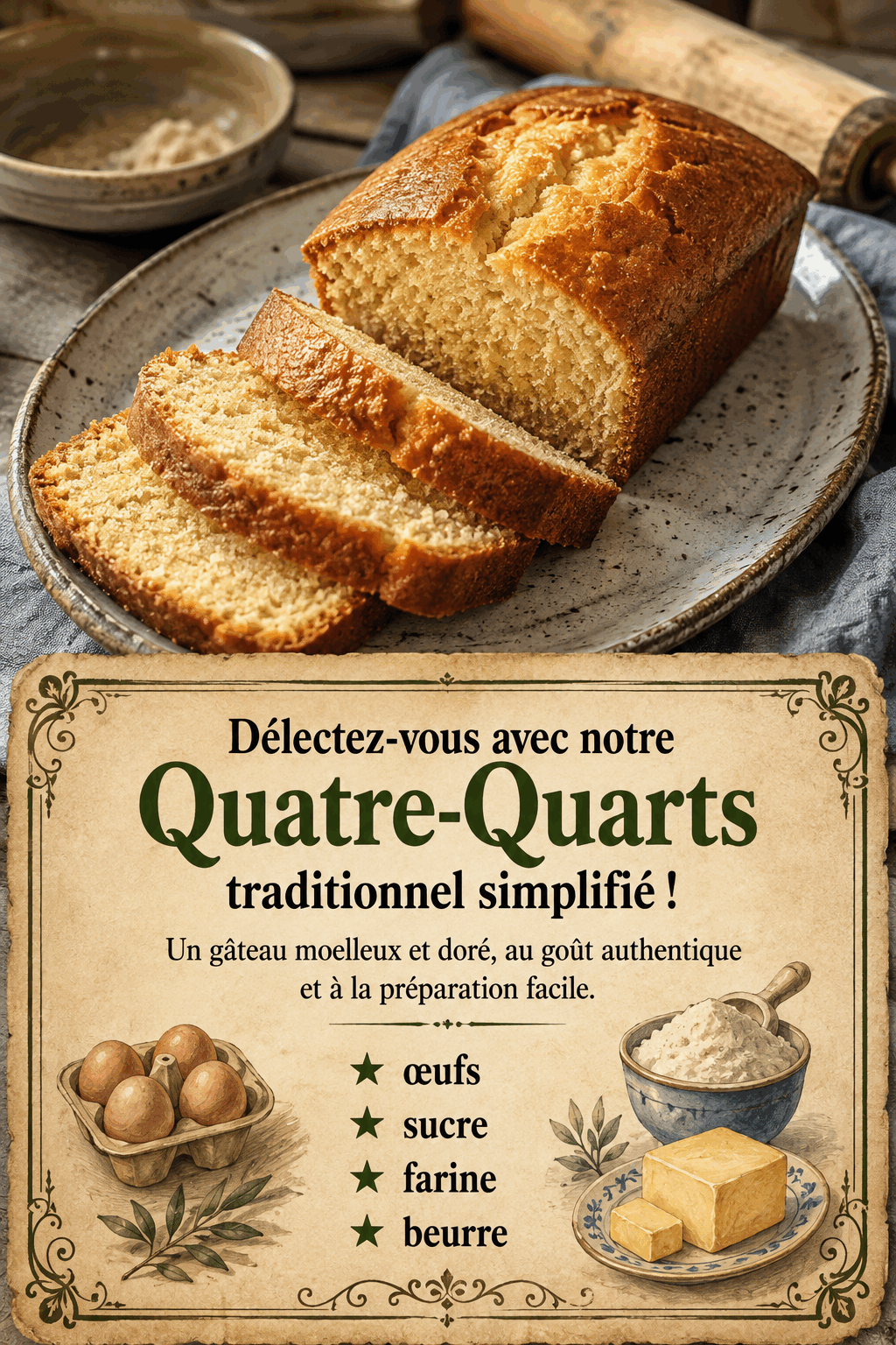 Délectez-vous avec notre Quatre-Quarts traditionnel simplifié !