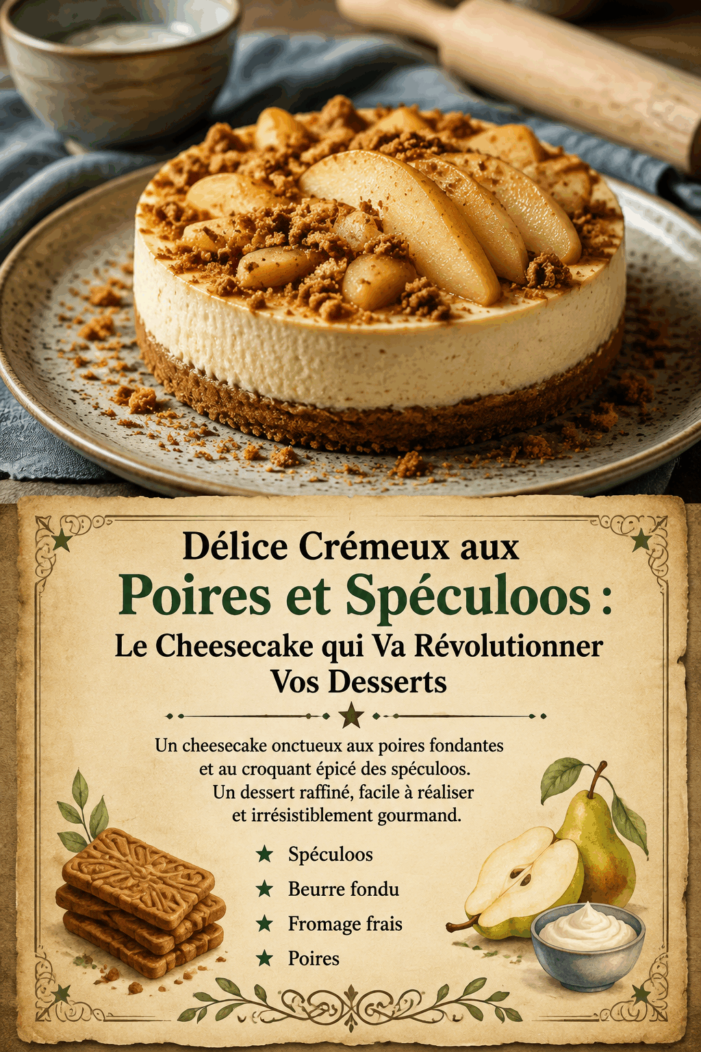 Délice Crémeux aux Poires et Spéculoos : Le Cheesecake qui Va Révolutionner Vos Desserts