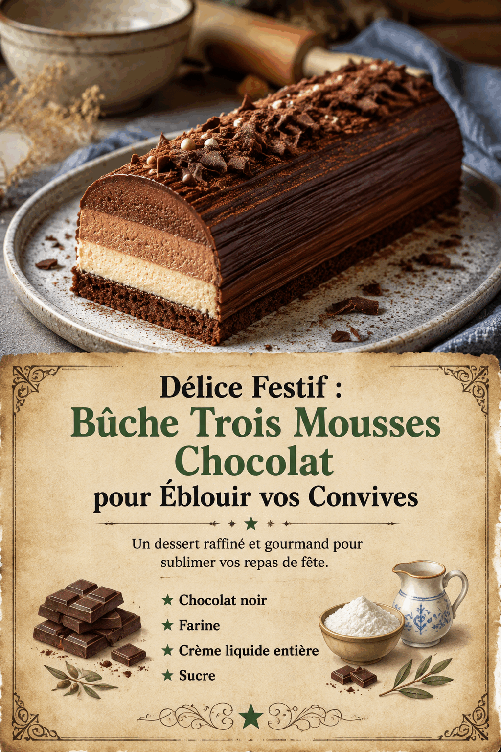 Délice Festif : Bûche Trois Mousses Chocolat pour Éblouir vos Convives