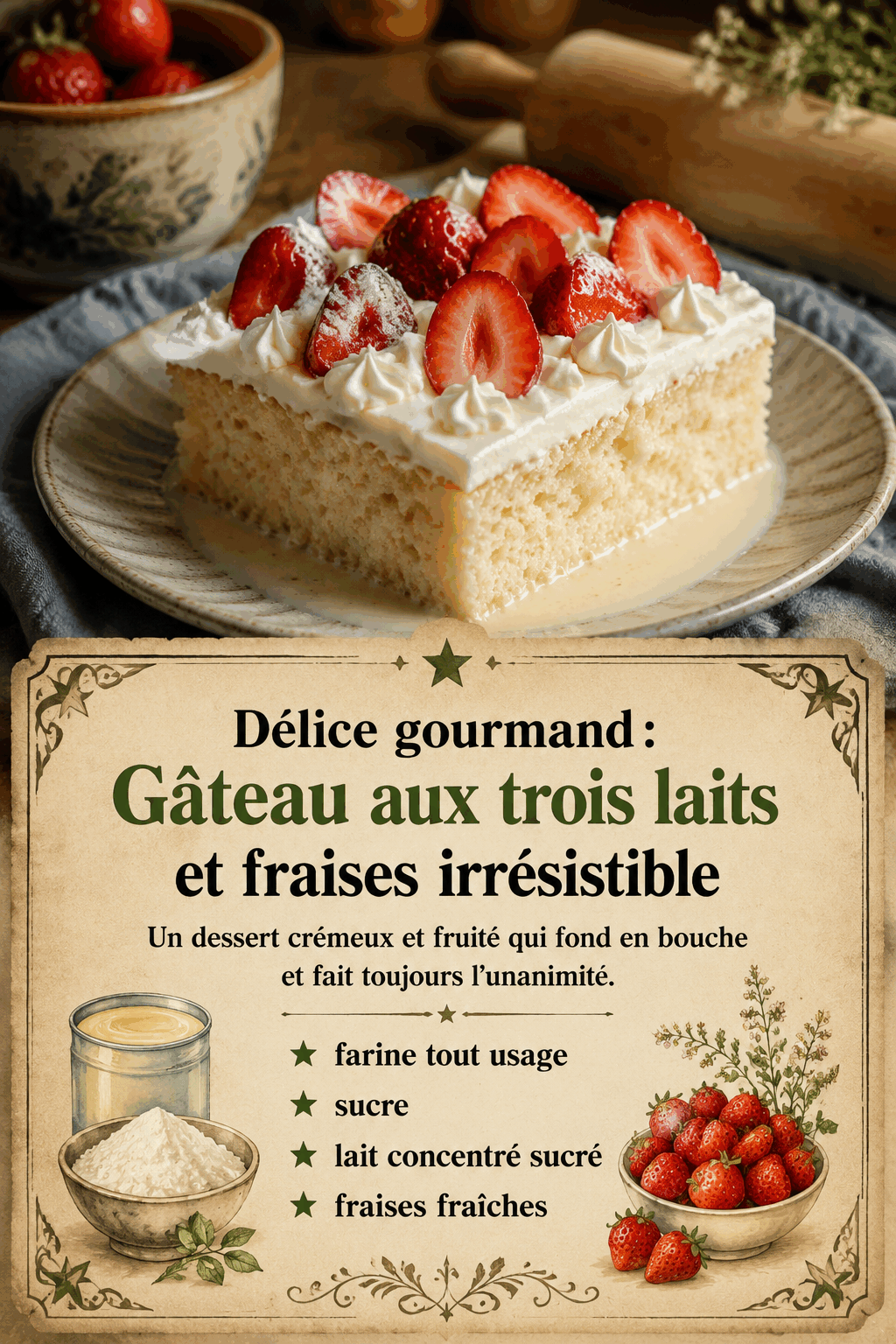 Délice gourmand : Gâteau aux trois laits et fraises irrésistible
