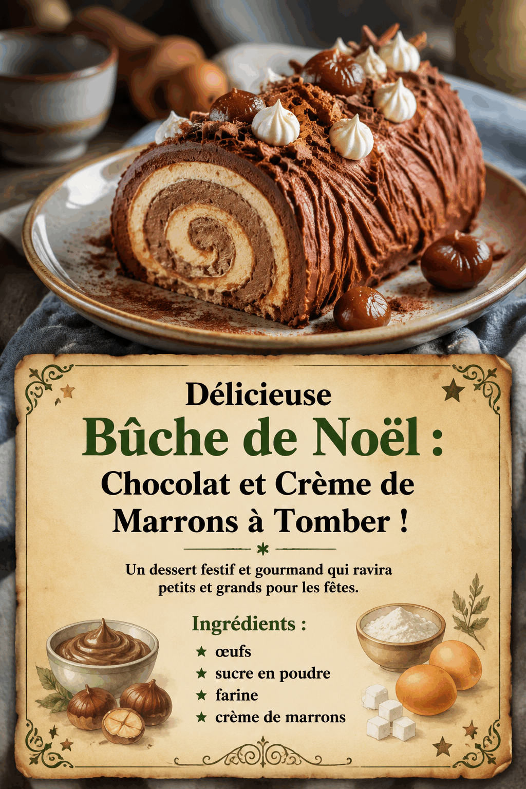 Délicieuse Bûche de Noël : Chocolat et Crème de Marrons à Tomber !