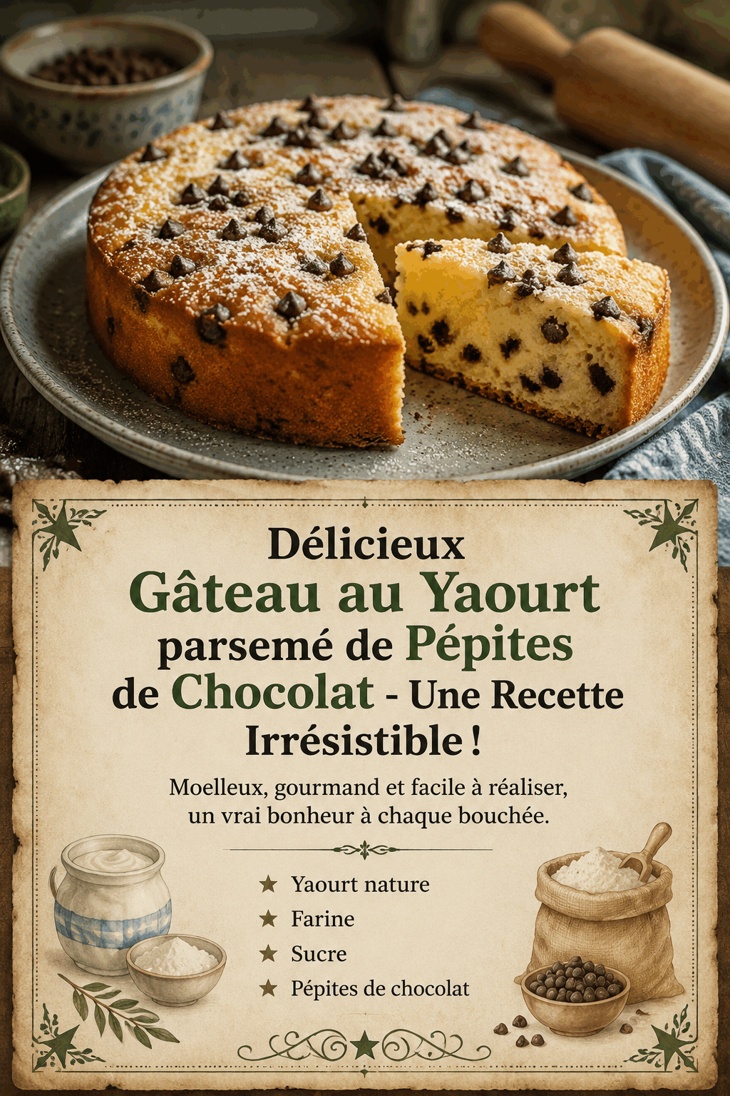 Délicieux Gâteau au Yaourt parsemé de Pépites de Chocolat – Une Recette Irrésistible !