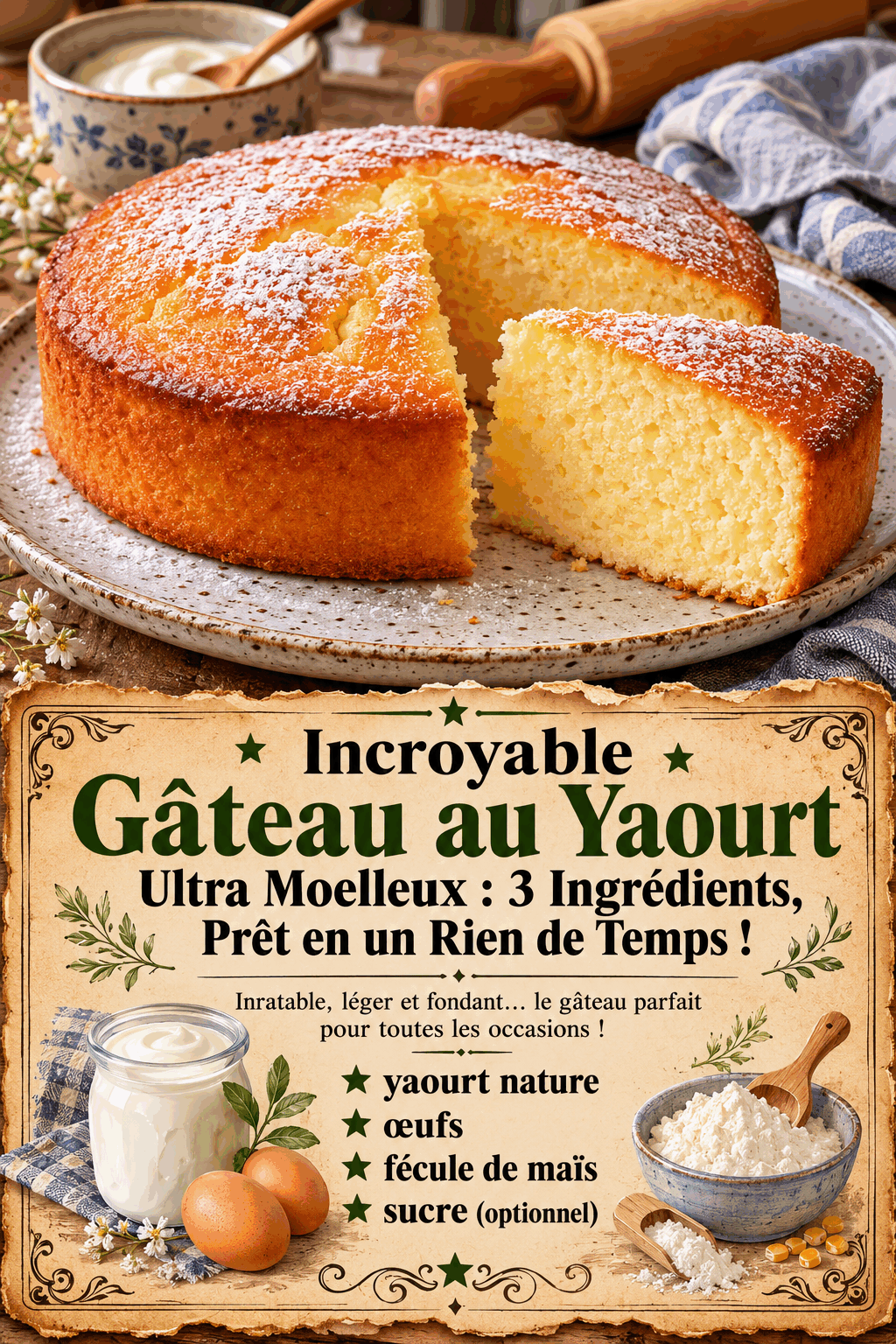 Incroyable Gâteau au Yaourt Ultra Moelleux : 3 Ingrédients, Prêt en un Rien de Temps !