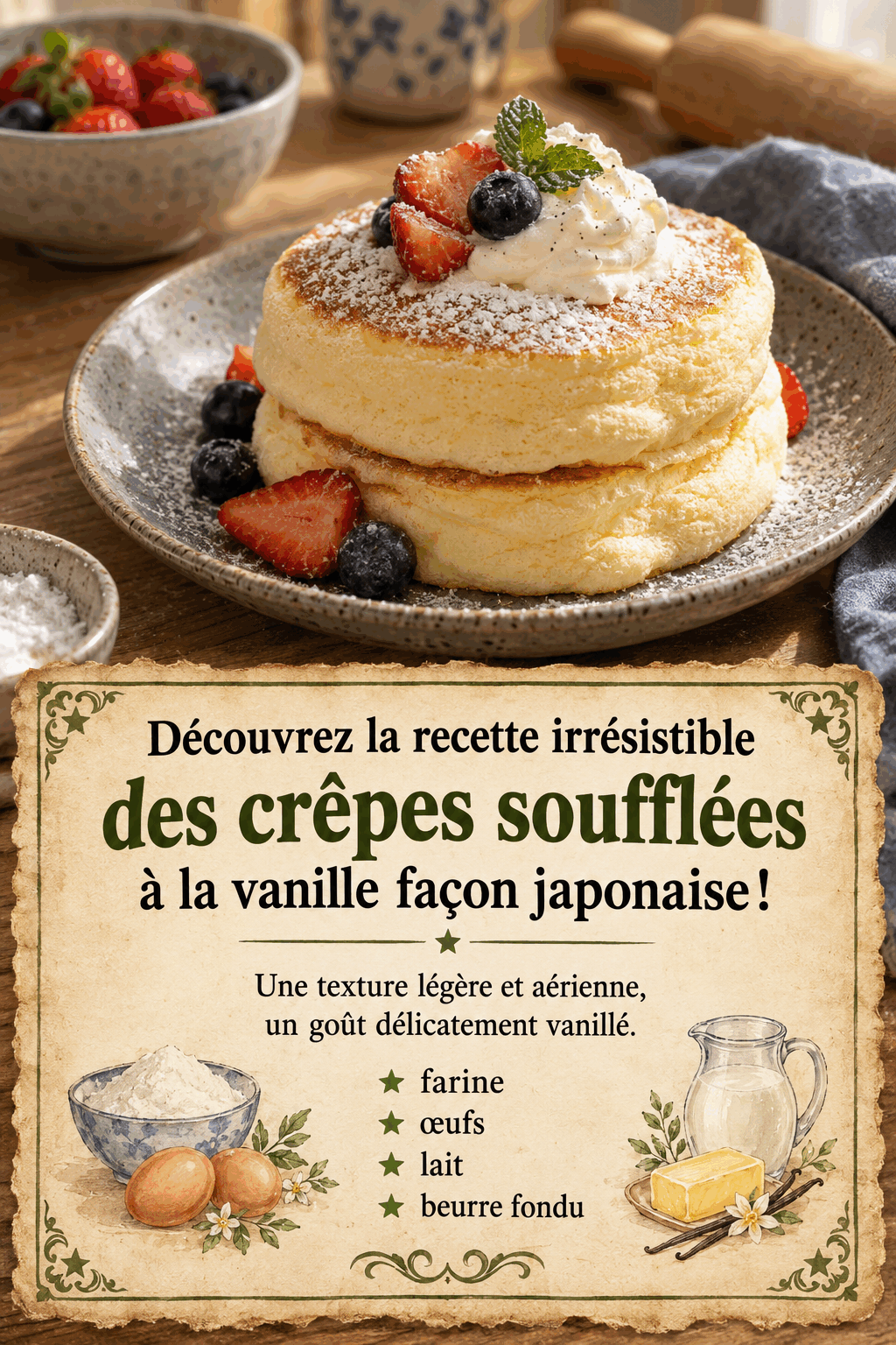 Découvrez la recette irrésistible des crêpes soufflées à la vanille façon japonaise!
