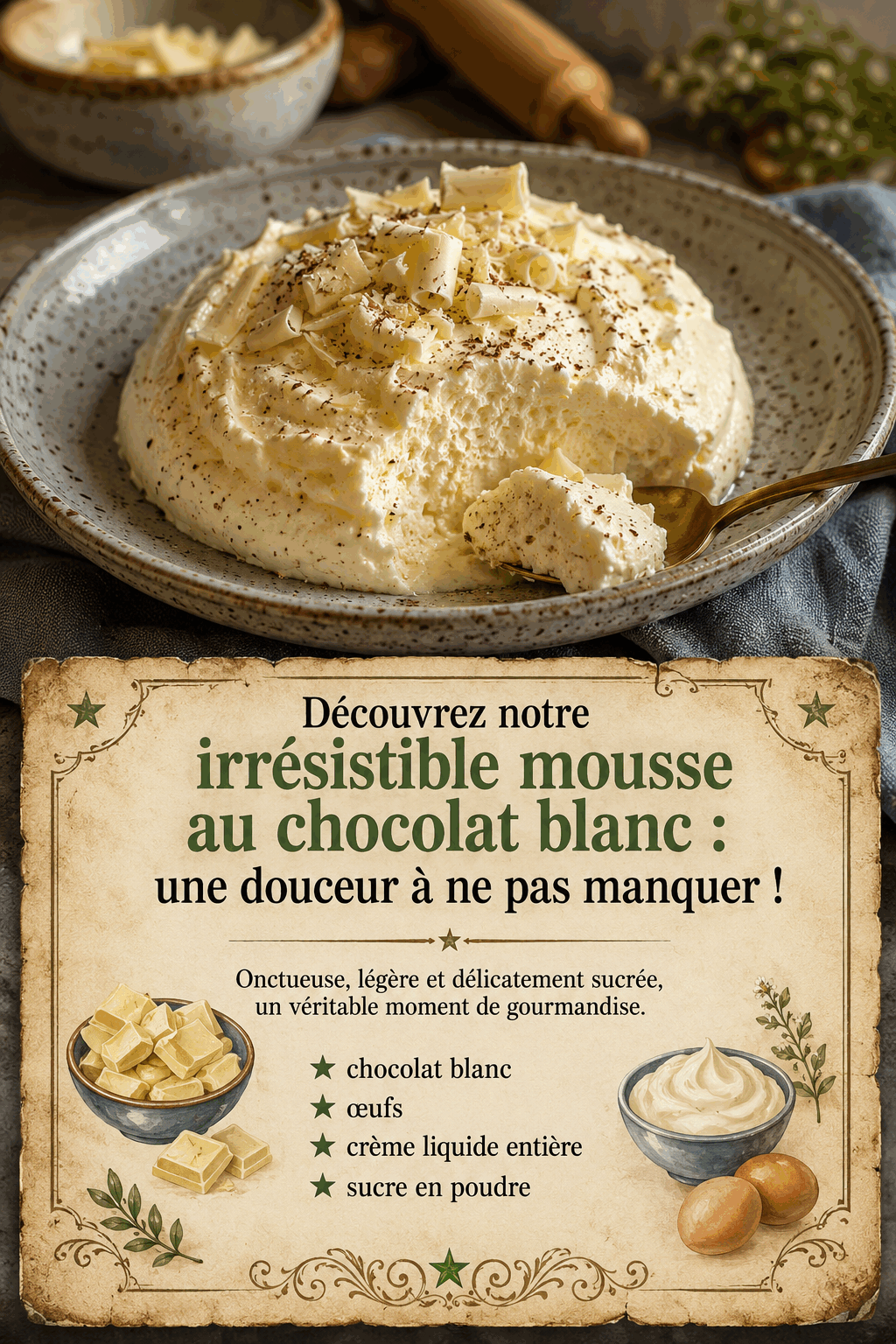 Découvrez notre irrésistible mousse au chocolat blanc : une douceur à ne pas manquer !