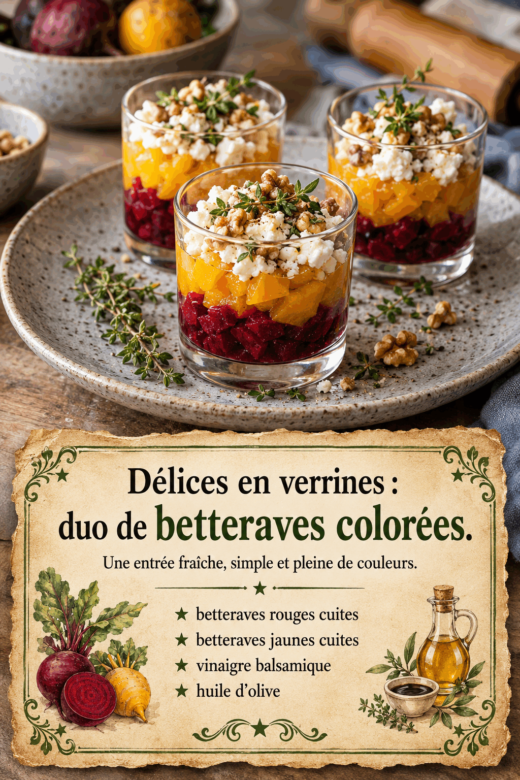 Délices en verrines : duo de betteraves colorées.