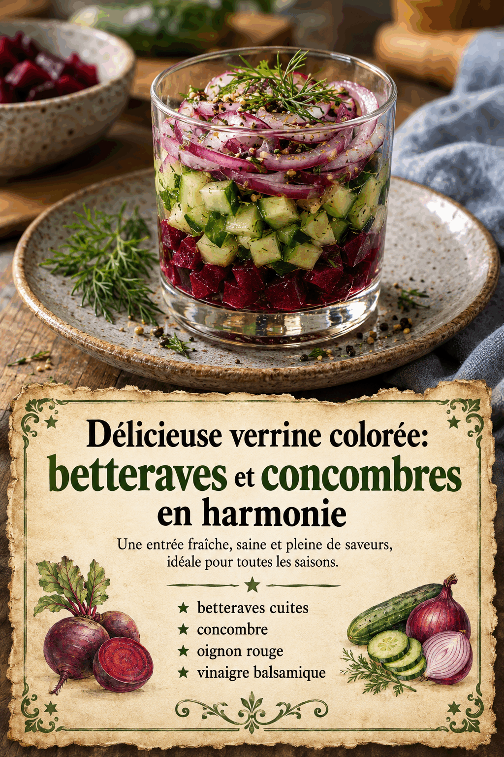 Délicieuse verrine colorée: betteraves et concombres en harmonie