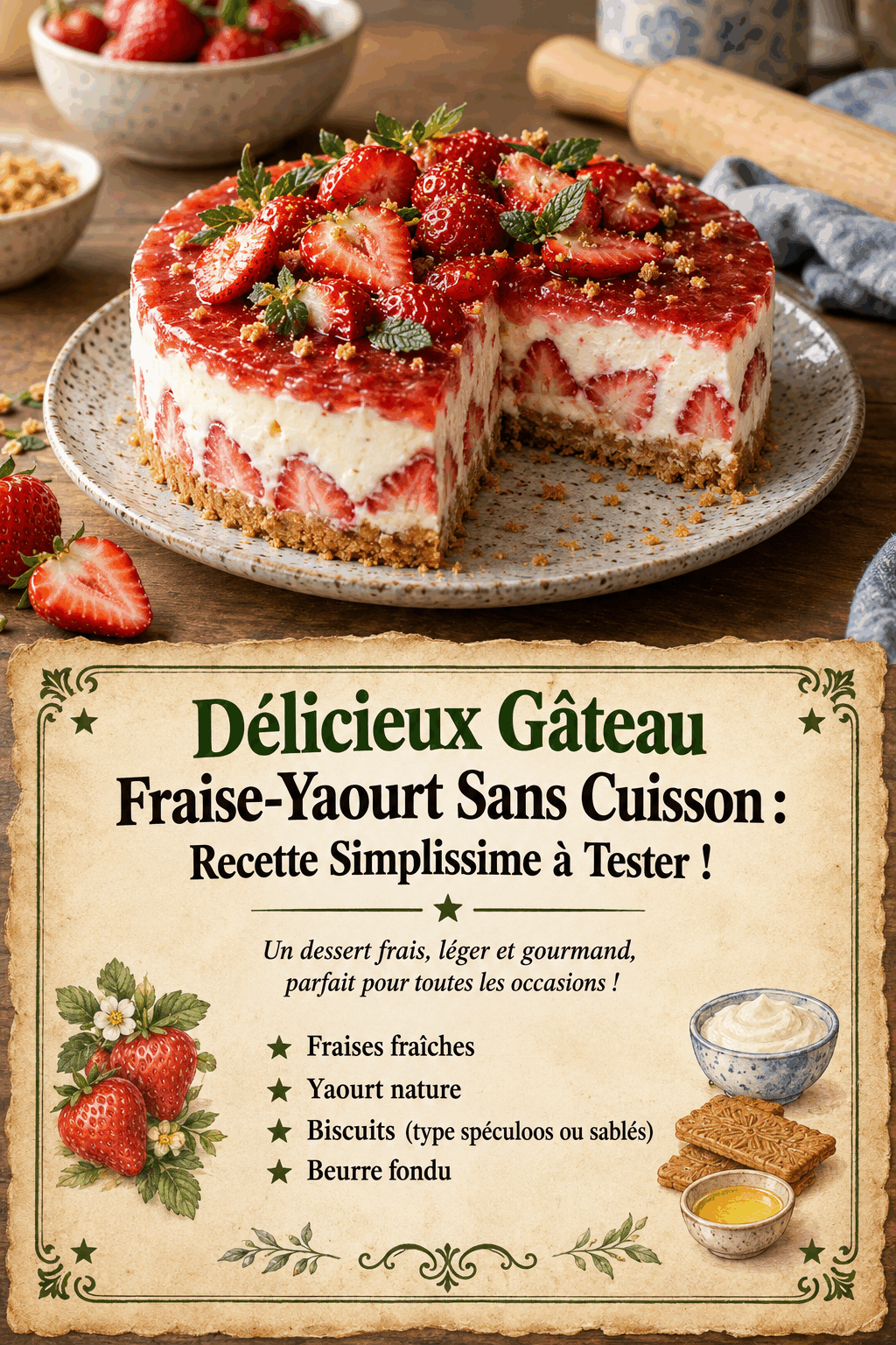 Délicieux Gâteau Fraise-Yaourt Sans Cuisson : Recette Simplissime à Tester !