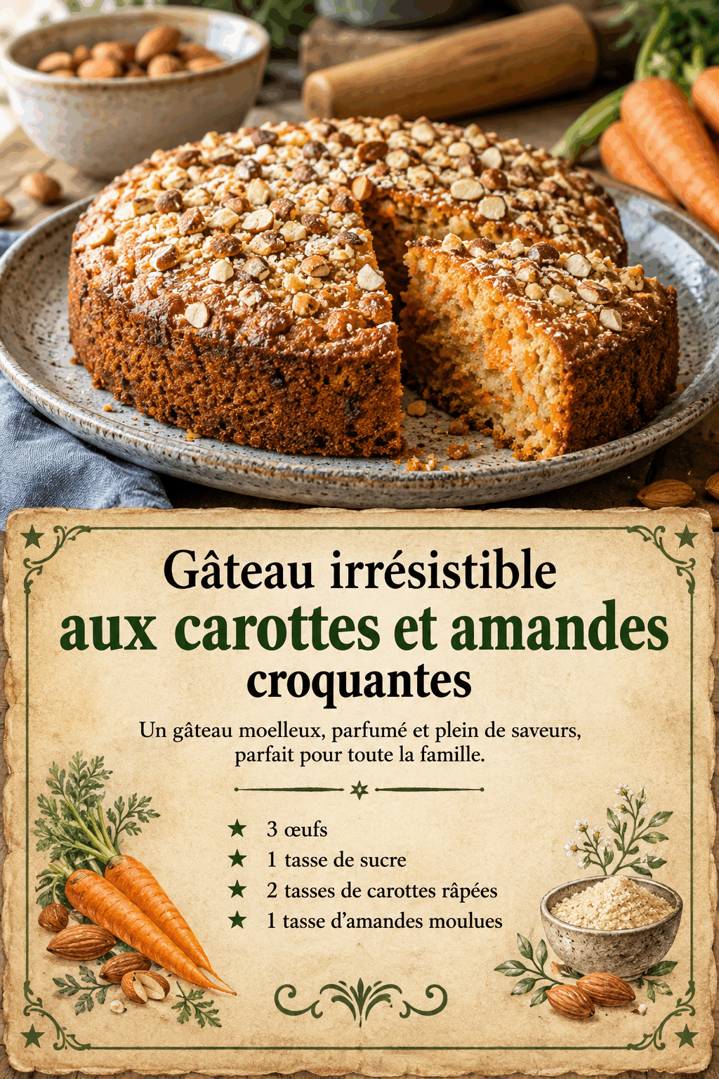 Gâteau irrésistible aux carottes et amandes croquantes